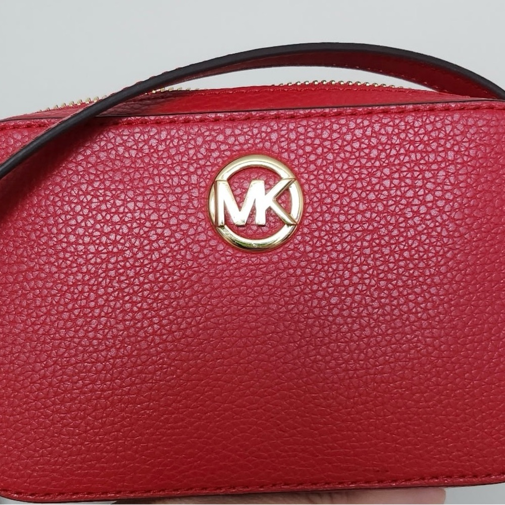 Michael Kors Red Pebbled Leather Dome Crossbody Bag with Gold Logo